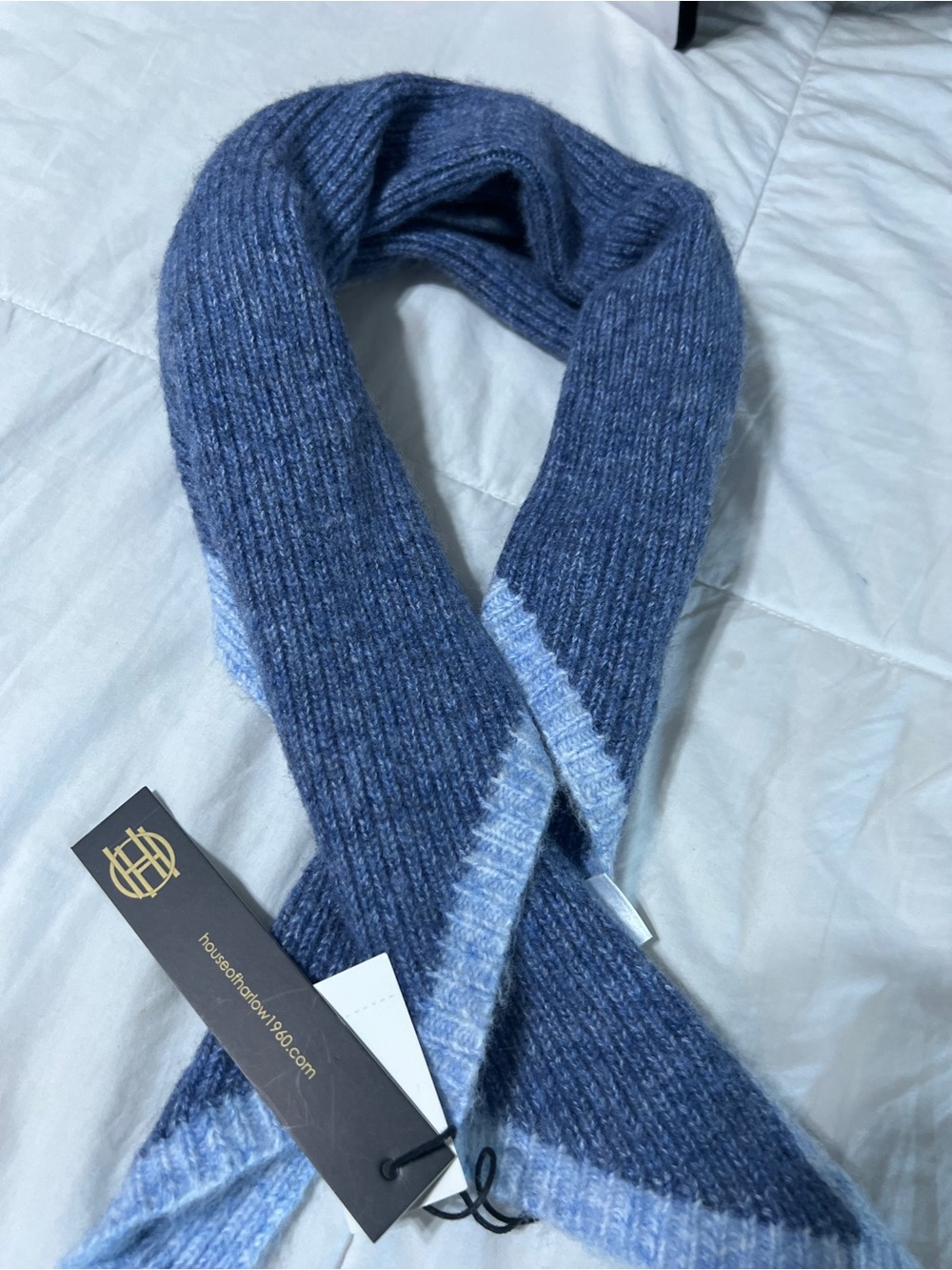 House of Harlow 1960 Blue Ribbed Knit Scarf with Light Blue Trim